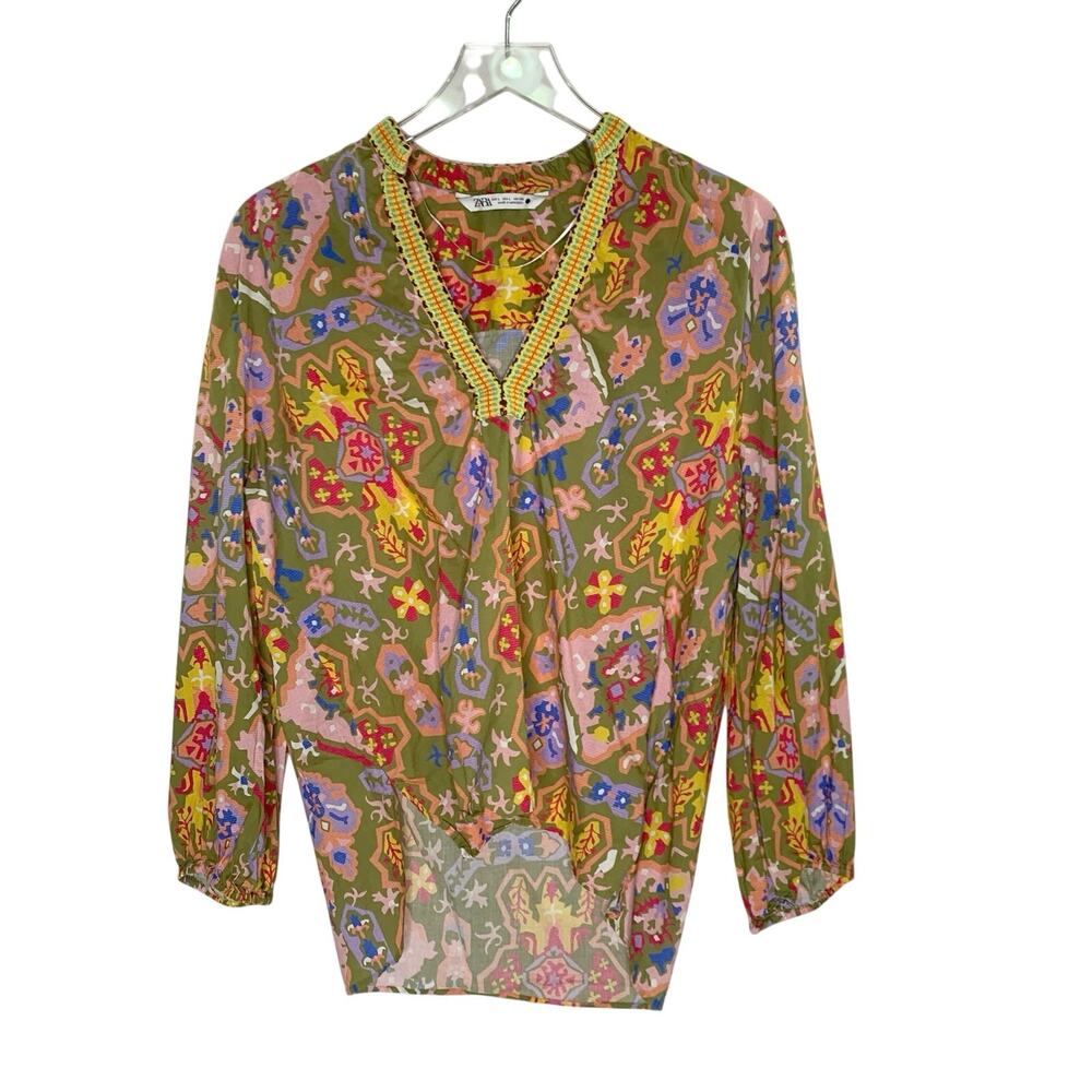 ZARA Olive Green Pink Multicolor Moroccan Printed Embroidered Tunic Blouse Top L